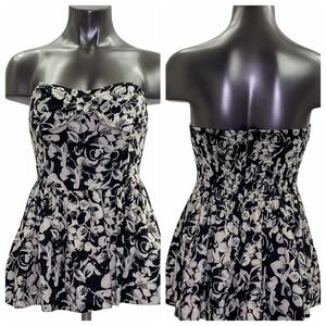 FOREVER 21 Black & Cream Floral Print Strapless Smocked Peplum Blouse Medium